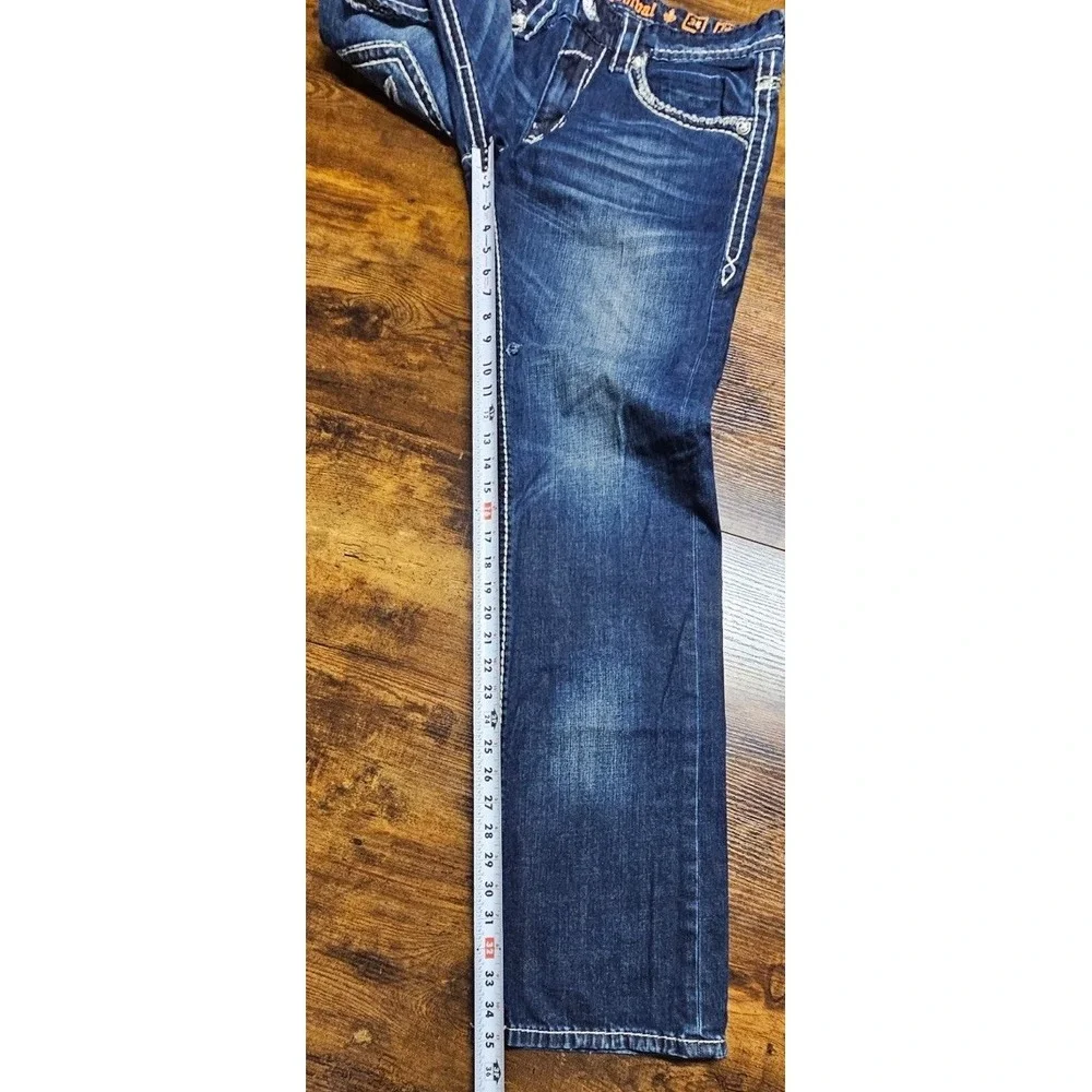 Rock Revival Jeans 34x35 Straight Dark Blue Premium Distressed Designer Denim